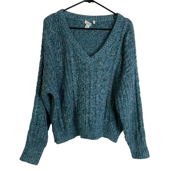 Sundance Sweater Womens Large Teal Pullover Cable Knit V Neck Wool Blend Boho - Picture 1 of 9